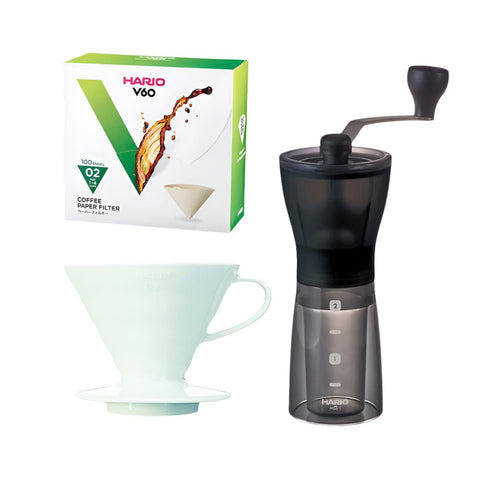 Hario Mini Mill Plus V60 Ceramic Starter Kit Size 02 (White) - Kakaw