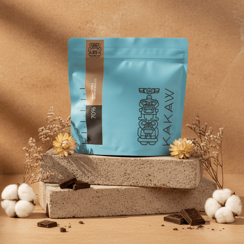 70% dark chocolate blue bags with kakaw branding on blocks